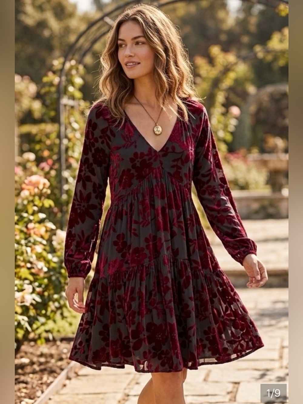 Just Taylor Velvet Burnout Floral Babydoll Dress - Wine on Black